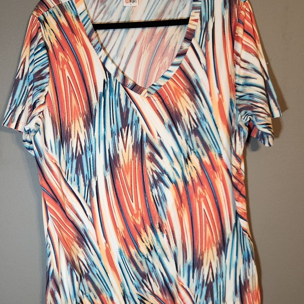 Zig Zag Stripes Brand Multicolor Abstract V-Neck Short Sleeve Top